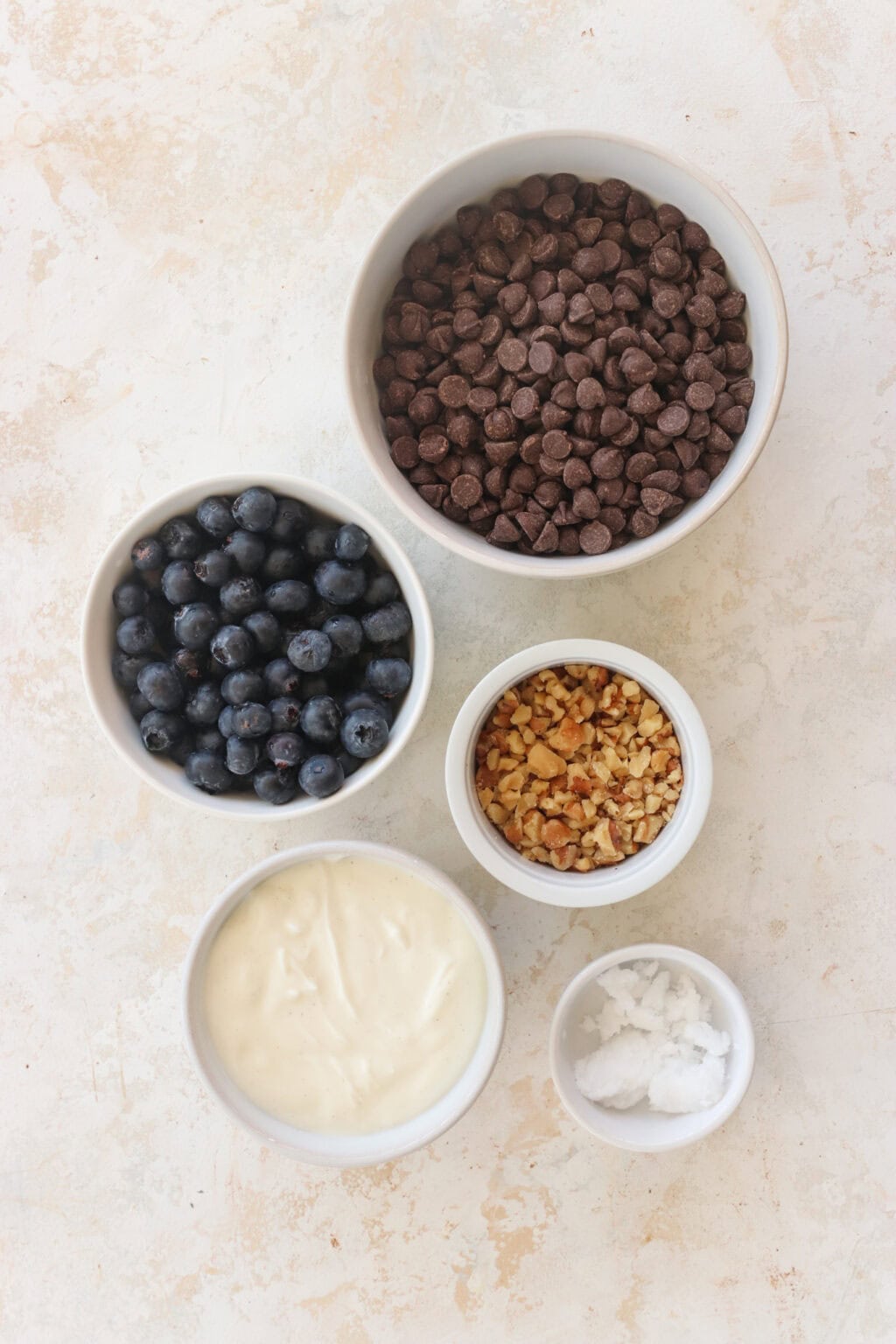 Ingredients for Frozen Blueberry Greek Yogurt Clusters, including blueberries, walnuts, vanilla Greek yogurt, salt, chocolate chips, coconut oil