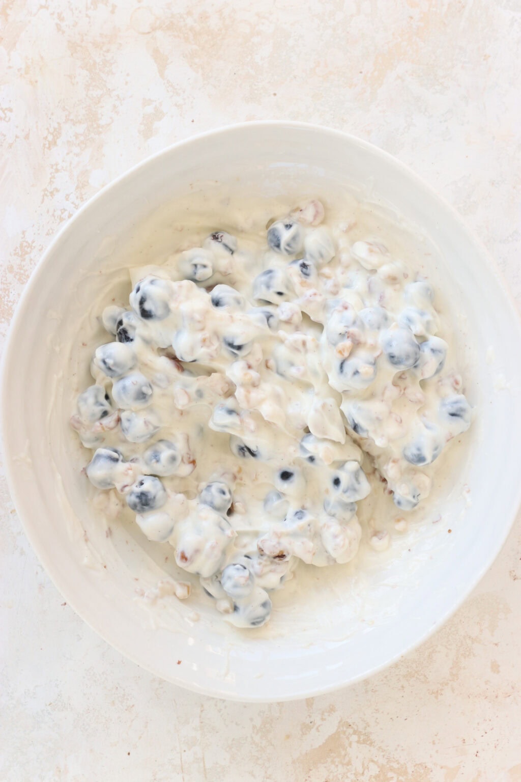 Ingredients for Frozen Blueberry Greek Yogurt Clusters mixed in a white bowl, including blueberries, walnuts, vanilla Greek yogurt, salt, chocolate chips, coconut oil